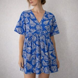 Sunshine Tienda Blue Shell Print‎ Cotton Mini Dress Size Medium Coastal Resort